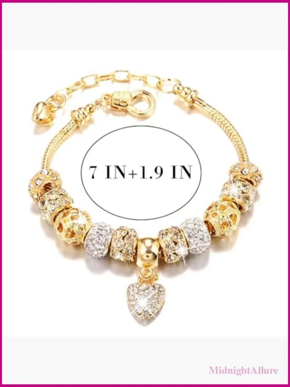 Gold Beaded Bangle Bracelet with Rhinestone Heart Charm - Adjustable